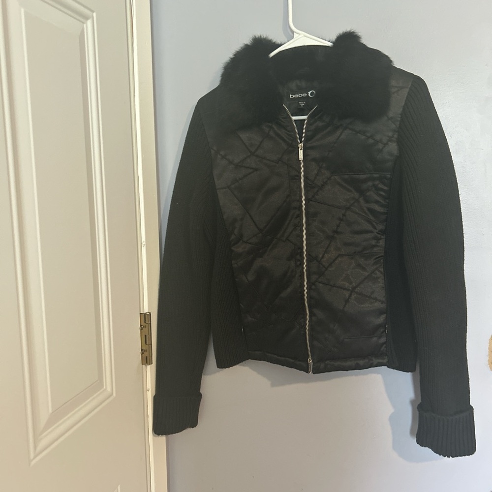 Bebe Black Puffer Jacket with Textured Design